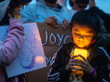 Joyce Echaquan, a 37-year-old Atikamekw woman died at Joliette hospital after she posted a video of slurs said by staff right before her death. A vigil was held in her honour in Saint-Charles-Borromee Sept. 29, 2020. This is 5-year-old Luca Dube at the vigil.