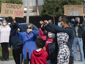 A group of Pointe-Claire residents protested against plans for a 10-storey residential project near the corner of St-Jean Blvd. and Hymus Blvd. on Sept. 19, during the ongoing COVID-19 pandemic.