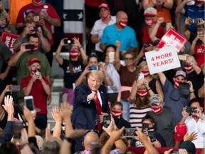U.S. President Donald Trump addresses a crowd during a campaign rally at Smith Reynolds Airport on September 8, 2020 in Winston Salem, North Carolina.