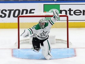 Anton Khudobin of the Dallas Stars celebrates an overtime series win against the Vegas Golden Knights during the first overtime period in Game 5 of the Western Conference Final during the 2020 NHL Stanley Cup Playoffs at Rogers Place on Sept. 14, 2020.