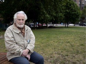 Dimitri Roussopoulos in the green space that will be made a park and named after his wife, Lucia Kowaluk. Roussopoulos visits the park in Montreal on June 1, 2020.