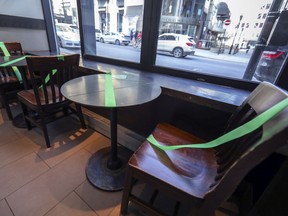 Taped-off tables at a Starbucks café on Peel St. downtown. As office workers stay home, demand for restaurants, retailers and other businesses in the central core plummets.