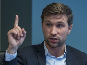 Gabriel Nadeau-Dubois of Quebec solidaire met members of the Montreal Gazette editorial board and senior journalists in September 2018 to discuss his party's platform. (Dave Sidaway / MONTREAL GAZETTE)