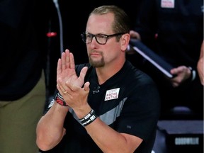 Toronto Raptors head coach Nick Nurse reacts during the first half in game three of the second round of the 2020 NBA Playoffs against the Boston Celtics at ESPN Wide World of Sports Complex.