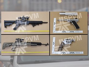 Police seized four firearms, ammunition, a silencer and other items police allege were related to a home invasion in Montreal July 30, 2020.