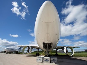 Concrete blocks weigh down an empty Airbus A310 airplane at recycling company Aerocycle in Mirabel Aug. 25, 2020.