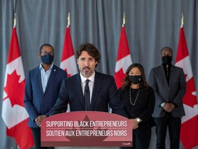 Canada's Prime Minister Justin Trudeau unveils plans for post-coronavirus recovery for Black owned business and entrepreneurs in Toronto, Ontario, Canada September 9, 2020. REUTERS/Carlos Osorio