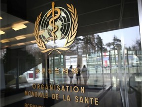 A logo is pictured outside a building of the World Health Organization (WHO) during an executive board meeting on update on the coronavirus outbreak, in Geneva, Switzerland, on Feb. 6, 2020.