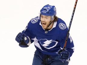 Tampa Bay Lightning centre Brayden Point celebrates his game winning goal against the Columbus Blue Jackets during the fifth overtime period of NHL Eastern Conference Stanley Cup first round playoff action in Toronto on Aug. 11, 2020.