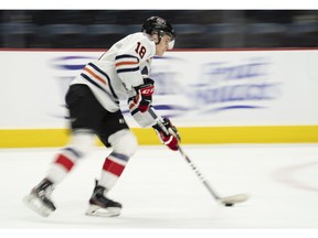 Connor Zary  during the Kubota OHL/NHL Top Prospects team white practice after on-ice skills testing in Hamilton Jan. 15, 2020.