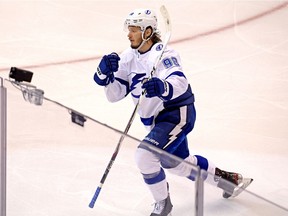 Tampa Bay Lightning defenceman Mikhail Sergachev celebrates after scoring against the Boston Bruins in Game 3 of the second round of the 2020 Stanley Cup Playoffs in August.