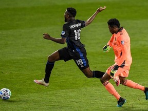 Philadelphia Union goalkeeper Andre Blake (18) gets called for a foul against Montreal Impact forward Orji Okwonkwo (18) at Red Bull Arena in Harrison, N.J., on Sunday, Sept. 20, 2020.