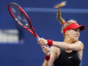 Eugenie Bouchard of Montreal hits a return to compatriot Bianca Andreescu during first round play at the Rogers Cup women's tennis tournament in Toronto on August 6, 2019.