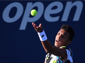 Félix Auger-Aliassime of Canada hits the ball against Corentin Moutet of France on day six of the 2020 U.S. Open tennis tournament at USTA Billie Jean King National Tennis Center on Saturday, Sep 5, 2020, in Flushing Meadows, N.Y.