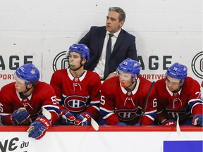 Laval Rocket head coach Joel Bouchard coaches the Montreal Canadiens' rookie team against the Quebec university all-stars at the Bell Sports Complex in Brossard on Sept. 10, 2019.