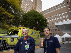 McGill University Health Centre emergency room nurse Mike Richardson, left, and MUHC emergency room physician Zachary Levine outside the Montreal General Hospital. Both are consultants on the  Canadian medical drama Transplant.