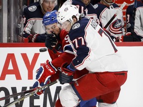 Blue Jackets' right-winger Josh Anderson battles Canadiens' Jonathan Drouin during a game in 2017. Now the two might be linemates next season.