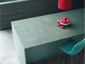 Adding the look of time-worn cement is a 2021 trend that will give casual industrial style to the home.  Seaport Quartz Surface, www.Silestone.com