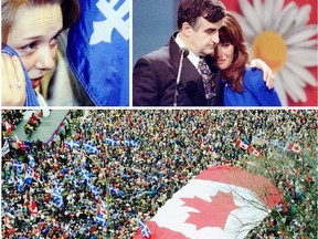 Top: Yes supporter at Palais des Congrès as Lucien Bouchard, with wife Audrey Best, gives his concession speech. Bottom: unity rally by federalists in Place du Canada three days before the vote.
