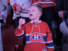 Boyd Petry cheers on his father, Jeff, during a Canadiens game against the Florida Panthers at the Bell Centre on Feb. 1, 2020.