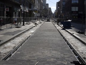 Sainte Catherine street remains unfinished and closed on the section between Bleury on the east and Aylmer on the west on Saturday, Oct. 24, 2020.