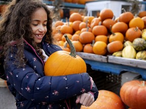 Eight-year-old Alice Clement is all smiles as she carries her pumpkin back to the car after shopping at Atwater Market with her mom, Lisa Elkin and friend Lili Seigneur in Montreal, on Wednesday, October 28, 2020.