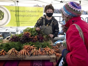 Alice Viala of the McGill Student Ecological Garden helps a client select her vegetables during the last session of the outdoor season at Marché Ste-Anne in Ste-Anne-de-Bellevue, on Saturday, Oct. 24. The weekly indoor market starts Saturday, Oct. 31, at St-George's Church, Ste-Anne-de-Bellevue.