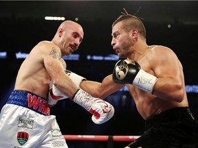 David Lemieux punches Gary O'Sullivan in the first round during their middleweight bout at T-Mobile Arena on Sept. 15, 2018, in Las Vegas, Nevada. Lemieux won by knockout in the first round.