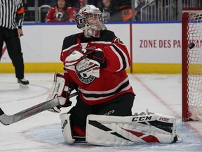 Anthony Morrone of the Quebec Remparts concedes a goal to the Moncton Wildcats during their QMJHL hockey game at the Videotron Centre on Nov. 20, 2018, in Quebec City.