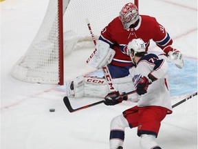 Montreal Canadiens' Carey Price stops shot by Columbus Blue Jackets' Josh Anderson during second period in Montreal on Nov. 12, 2019.