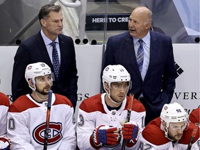 Canadiens head coach Claude Julien  looks on from the bench during the second period against the Philadelphia Flyers in Game 1 of the Eastern Conference First Round during the 2020 NHL Stanley Cup Playoffs at Scotiabank Arena in Toronto on Aug. 12, 2020.