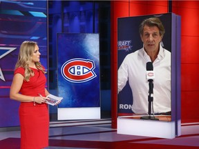 Canadiens GM Marc Bergevin is interviewed by Jamie Hersch of the NHL Network after picking Prince Albert Raiders defenceman Kaiden Guhle in the first round (16th overall) of the 2020 NHL Draft.