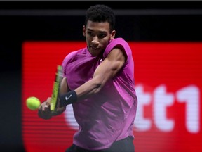 Félix Auger-Aliassime of Montreal celebrates during the semifinal match with Diego Schwartzman of Argentina at the Bett1Hulks Championship Tennis Tournament at Lanxess Arena on Saturday, Oct. 24, 2020, in Cologne, Germany.