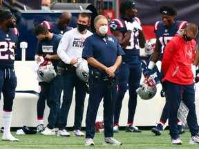 Patriots head coach Bill Belichick stands on the sideline during the game against the Raiders at Gillette Stadium in Foxborough, Mass., on Sept. 27, 2020.