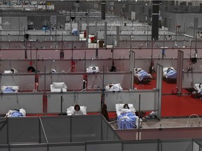 This file photograph taken on April 3, 2020, shows a general view of the temporary hospital for Covid-19 patients located at the Ifema convention and exhibition centre in Madrid.