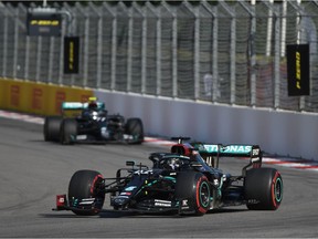 Mercedes' British driver Lewis Hamilton steers his car during the Formula One Russian Grand Prix at the Sochi Autodrom Circuit in Sochi on September 27, 2020.