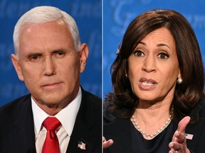 This combination of pictures created on October 07, 2020 shows US Vice President Mike Pence and US Democratic vice presidential nominee and Senator from California Kamala Harris during the vice presidential debate in Kingsbury Hall at the University of Utah on October 7, 2020, in Salt Lake City, Utah. (Photos by Eric BARADAT and Robyn Beck / AFP)