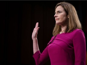 Supreme Court nominee Judge Amy Coney Barrett is sworn into her Senate Judiciary Committee confirmation hearing on Capitol Hill on October 12, 2020 in Washington, DC.