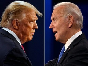 This combination of pictures shows U.S. President Donald Trump, left, and Democratic Presidential candidate and former U.S. Vice- President Joe Biden during the final presidential debate at Belmont University in Nashville, Tenn., on Oct. 22, 2020.
