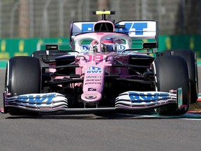 Racing Point's driver Lance Stroll of Montreal drives during the practice session at the Autodromo Internazionale Enzo e Dino Ferrari race track in Imola, Italy, on Saturday, Oct. 31, 2020, a day ahead of the Formula One Emilia Romagna Grand Prix.