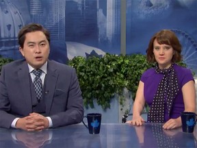 Bowen Yang and Kate McKinnon in Saturday Night Live's "Bonjour Hi" sketch on Oct. 17, 2020.