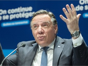 Quebec Premier François Legault during a press briefing Oct. 26, 2020.