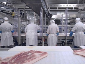 Olymel employees work in one of the company's slaughtering plants in Yamachiche, Que., in July 2020.