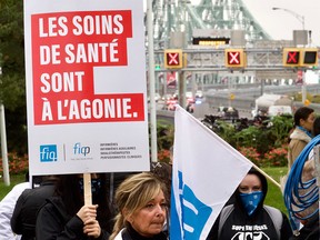 FIQ hospital professionals across Quebec held a spontaneous protest to block off the Jacques-Cartier Bridge on Oct. 19, 2020.