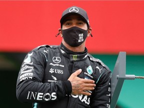Mercedes' Lewis Hamilton celebrates winning the Protuguese Grand Prix on Oct. 25, 2020.