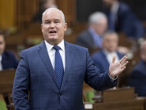 Leader of the Opposition Erin O'Toole rises during Question Period in the House of Commons on Oct. 5, 2020 in Ottawa.