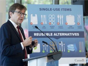 Environment and Climate Change Minister Jonathan Wilkinson speaks during a news conference announcing the ban of specific plastic products Wednesday, Oct. 7, 2020 in Gatineau.