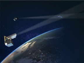 Two of NorthStar's Skylark satellites detect another satellite in Earth's orbit in this artist's rendering.