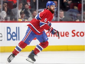 Montreal Canadiens Shea Weber follows the action during game against the New York Islanders in Montreal on March 21, 2019.