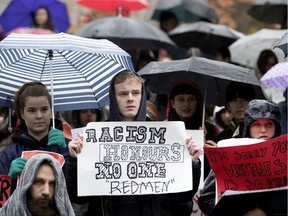 Students take part in a protest demanding sports teams stop using the name Redmen at McGill University in Montreal on Wednesday October 31, 2018. "During our campaign to change the Redmen name, we remained committed to a positive and inclusive discussion that focused on drawing people into our cause," Tomas Jirousek writes.
